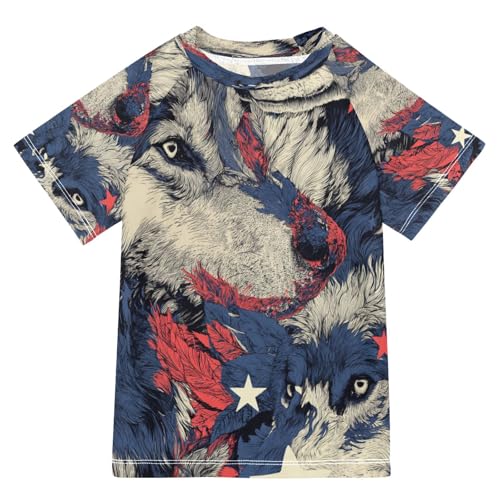 Boys Short Sleeve T-Shirts Wolf Star Funny Animal Rashguard Kids Swim Shirts Sun UPF 50+
