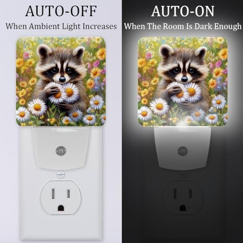 Image of NEWzone Raccoons Daisy Night Light Set of 2, Auto Sensor LED Dusk-to-Dawn Nightlights, Plug-in Sensor Lamp for Bedroom Bathroom Kitchen Hallway Stairs Decorative