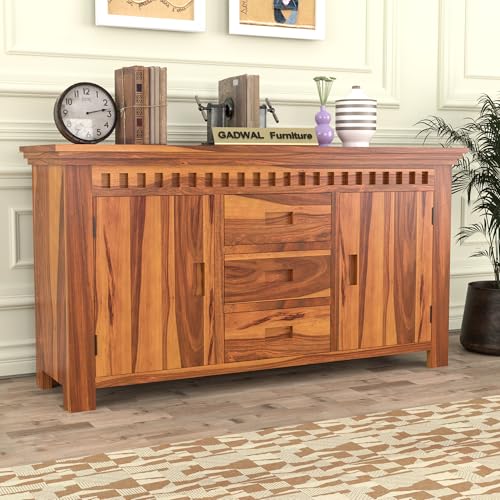 Image of Solid Sheesham Wood Wooden Sideboard Storage Cabinet & Chest of Drawer : Ideal for Living Room and Bedroom with 3 Drawers and 4-Shelf Storage(Carter,Honey Finish)