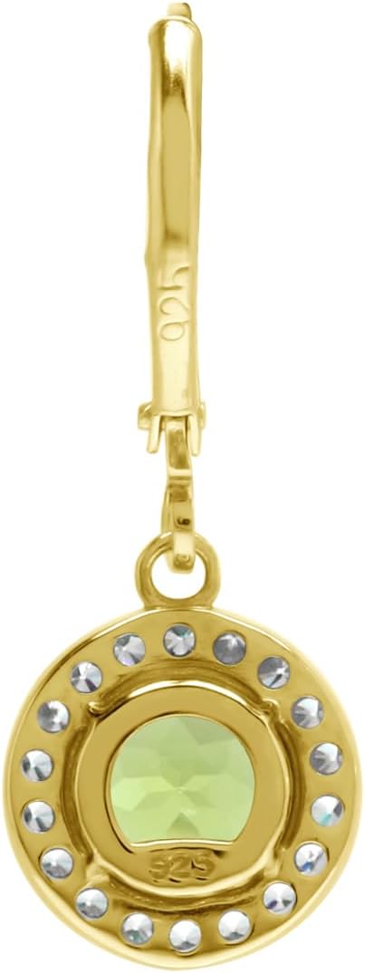 Silvershake 7MM Round Shape Birthstone Gemstone White Gold Plated or Yellow Gold Plated 925 Sterling Silver Halo Leverback Dangle Earrings Jewelry for Women Business Attire