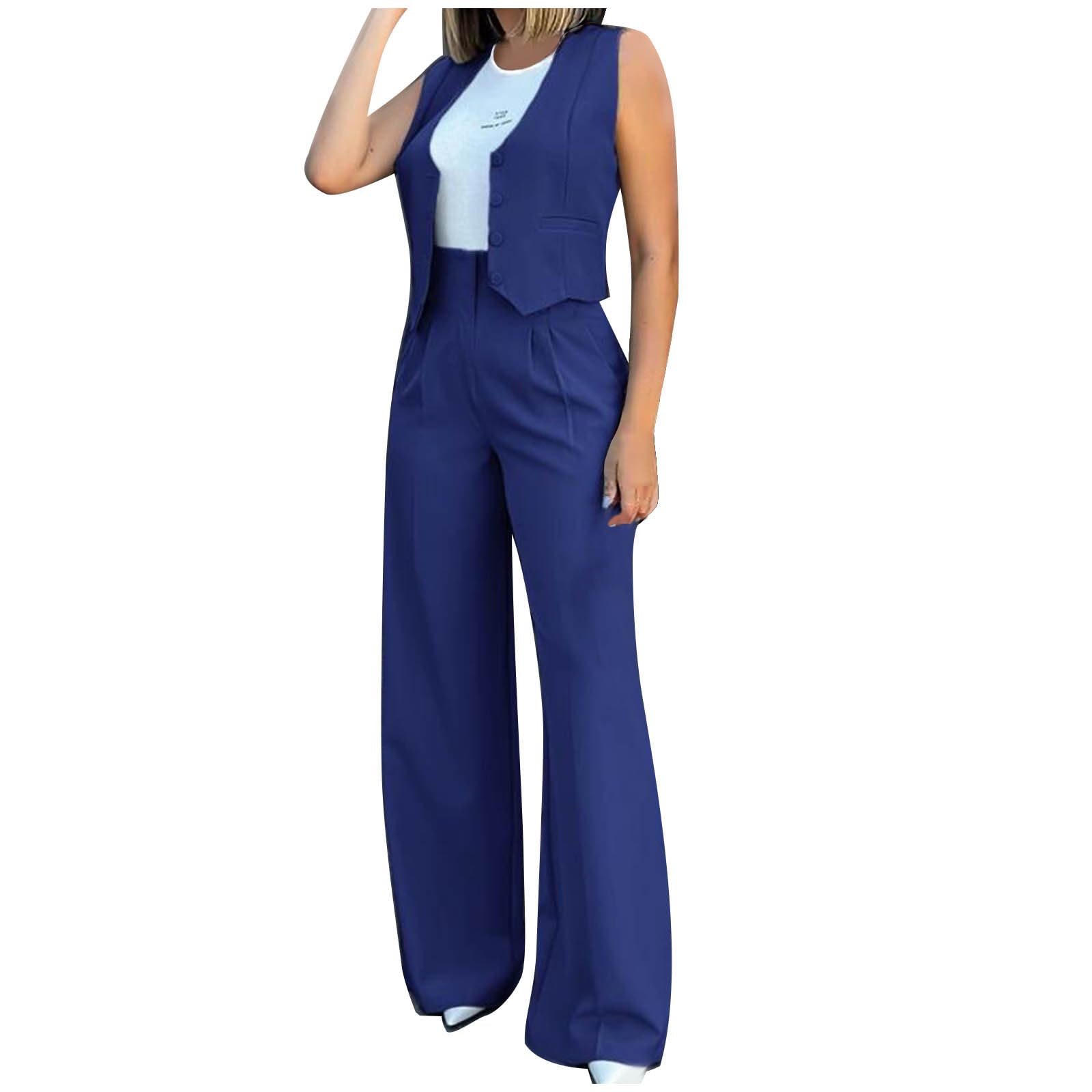 hlysgo Blazer Sets Women 2 Piece Outfits Business Casual Sleeveless Crop Blazer Vest Wide-Leg Pants Ladies Office Work