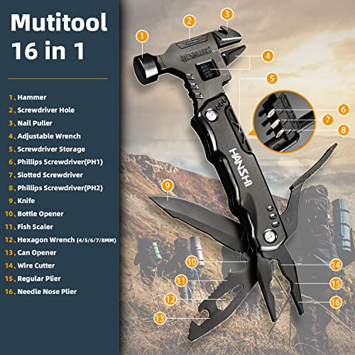 Hanshi Adjustable Wrench Multitool Hammer For Survival,16 In 1 Multitools Pliers With Nylon Sheath,Pocket Knife Multi Screwdriver Tool All In One Camping Accessories For Stocking Stuffers For Men #TOP1