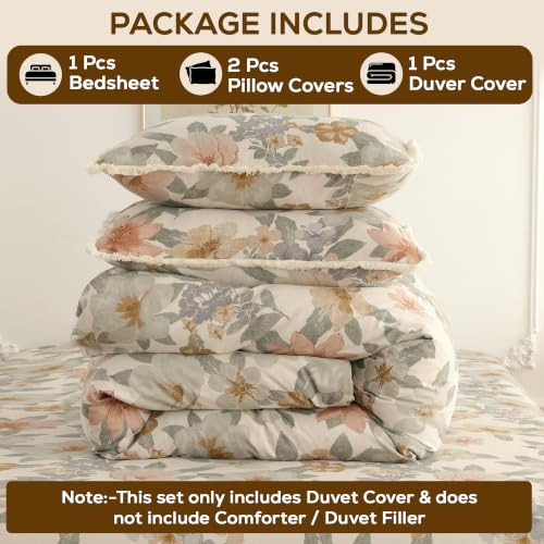 Image of Story@Home King Size Bedcover Set | 400 TC Microfiber Bedding Set with 1 Duvet Cover 1 King Bedsheet 270 x 250 cm & 2 Pillow Covers | Soft Durable Duvet Cover Set Floral Pattern | Beige Peach