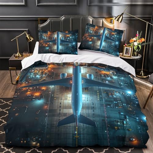Housse de couette avion 3D parure de lit 3 pièces en microfibre 200x200cm avec taies