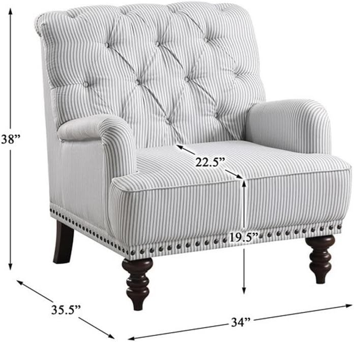 Pemberly Row Fabric Upholstered Accent Chair, Gray Striped Pattern, Button-Tufted Back, Solid Wood Frame, Espresso Finish Legs, Nailhead Trim, Comfortable Living Room Seating