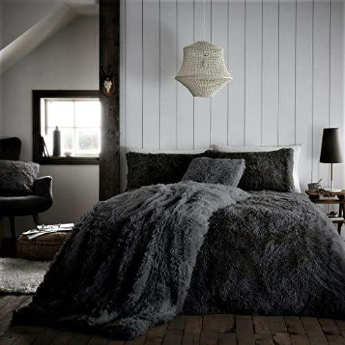 Luxury Super Soft HUG & SNUG Long Pile Fleece Fluffy Fur Duvet/Quilt Cover Bedding Set With Matching Pillow Cover (Single, Charcoal)