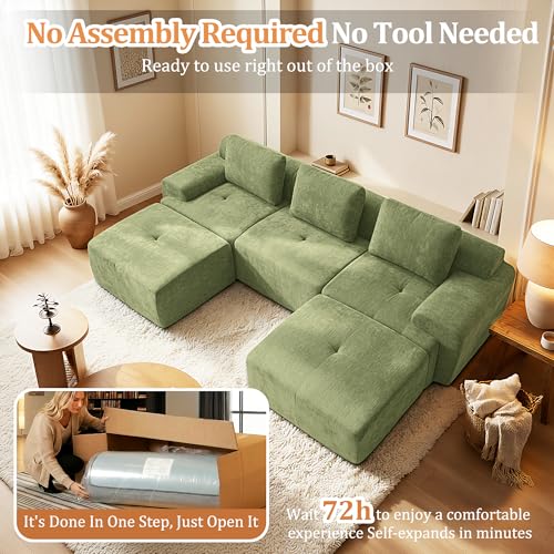 Image of 122 inch U-Shaped Modular Sectional Sofa, Oversized Boneless Cloud Couch for Living Room with Extra Deep Seat & High Back, Tool-Free No Assembly, Soft Chenille (Olive Green, 122 inch-U Shaped（3+2）)
