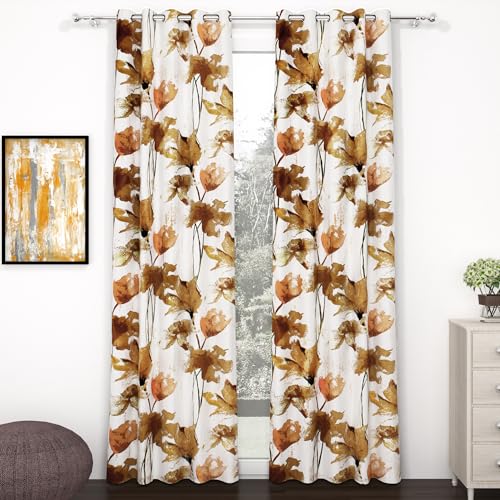Image of Door Curtains 7 Feet Long Set of 2 | Polyester Floral Design, Room Darkening Curtains and Drapes | Door Curtains for Living Room | 118 x 215 cm, Off White & Brown| Perfect for Home Decor