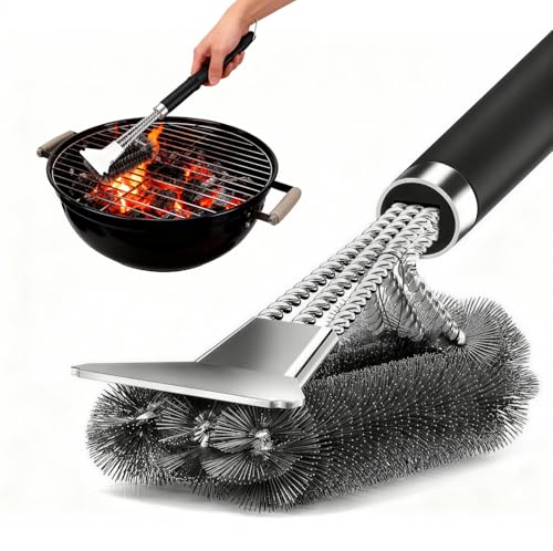 Brosse de Barbecue 3-en-1 – Grattoir Acier INOX Ultra-Tranchant & Brossage 360° pour Un...