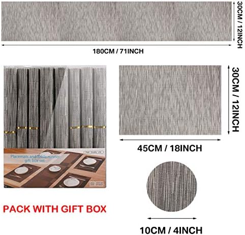 HEYOMART Placemats Table Mats Set with 6 x Placemats + 6 x Coasters + 1 x Long Table Mat Resistant Anti Slip Table Place Mats and Coaster Sets for Home Restaurant, Grey