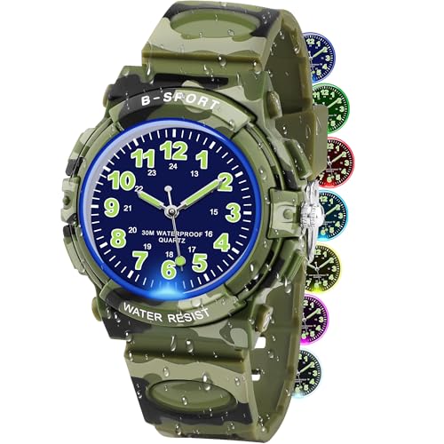 GUUMUXIN Reloj analógico para niños con luces coloridas, resistente al agua hasta 30 m, para niños y niñas, relojes deportivos al aire libre con correa de TPU para niños de 5 a 16 años, camouflage
