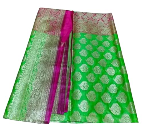 Banarasi Katan Silk Bridal Saree Woven with All over Golden Zari Border - Parrot green pink