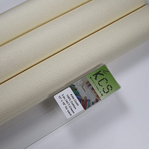 Image of KCS 3 pc of 15 inch x 18 inch Counted Cross Stitch Cotton Aida Cloth Needlework Rolled Fabric Box,14CT,Cream