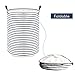 DOKEHOM 17.7-Inches Freestanding Laundry Basket with Lid, Collapsible Large Drawstring Clothes Hamper Storage with Leather Handle (Blue Stripe, M)