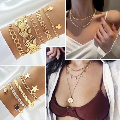 17IF 38-59 Pcs(9-8 Pack) Gold Plated Jewelry Set for Women With 8 Necklace 12 Bracelet 27 Ring 12 Pair Earring Hoop Simple Sparkle for Happy4