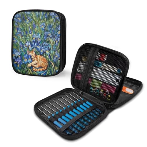 Image of Irise Cat Crochet Hook Case Portable Crochet Storage Organizer with Web Pockets Knitting Needle Case for Airports and Parks