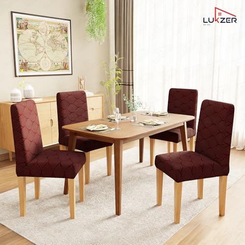 Image of Lukzer Elastic Dining Chair Cover - 6PC Pastel Deep Maroon Leaf Trail | Textured High Stretch Jacquard Seat Cover | Removable Washable Short Dining Chair Cover Protector Seat Slipcover | (CC-130-06)