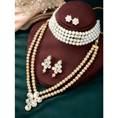 Image of Peora Crystal Faux Pearl Kundan Necklace & Jewellery Set Gift for Women