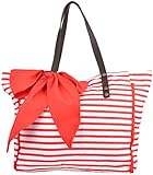 Süße Shoppertasche in Rot-Weiß gestreiftem Sailor Design Maritime Optik für das perfekte Pin Up Vintage Outfit Braune Kunstleder Henkel - mit goldfarbenen Rundnieten befestigt Mit Reißverschluss zu schließen Zusätzlich mit rundem Deko Holzknopf Ein Innenfach mit Reißverschluss Seitlich mit großer Schleife (abnehmbar) Mit verstärktem Boden