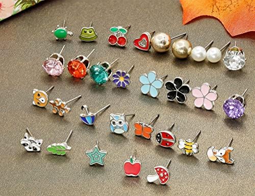 KALVICA 30 Pairs Hypoallergenic Earrings for Girls Stainless Steel Stud Earrings Cute Animals Flowers Pearl Stud Earrings Set for Kids Girls Women