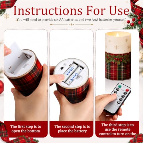 Image of Tujoe 3 Pcs Christmas Tartan Plaid Flameless Candles LED Pillar Candle