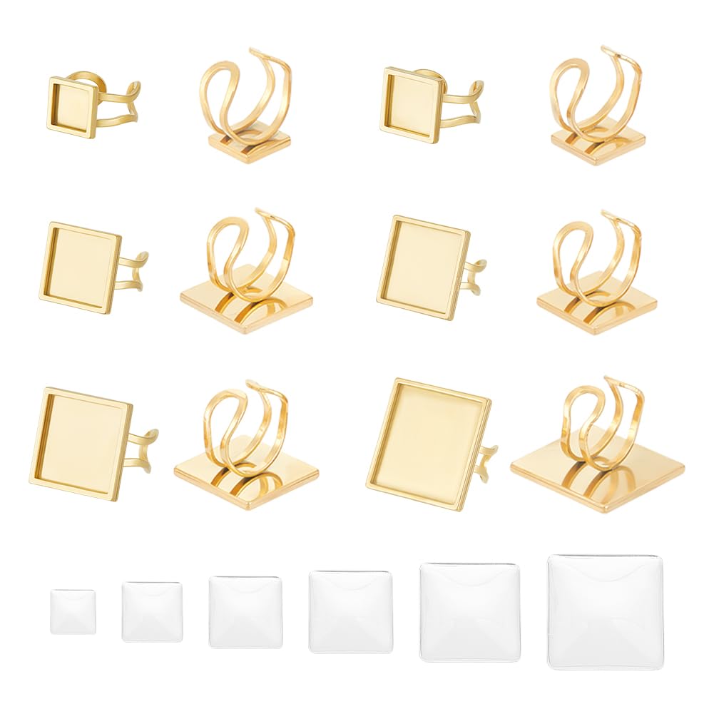 UNICRAFTALE 6 Sets 7 Sizes Blank Finger Ring Adjustable Stainless Steel Cuff Pad Ring Settings Square Cabochons Rings Golden Flat Blank Ring Base Bezel Tray for Jewelry Making Tray 10~25mm