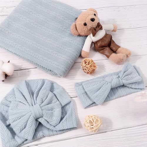 Image of AQOKKA Newborn Receiving Blanket with Bow Hat Mittens Wooden Card Set Wheat-Pattern Newborns Toddler Baby Boy Girl Nursery Swaddle Wrap