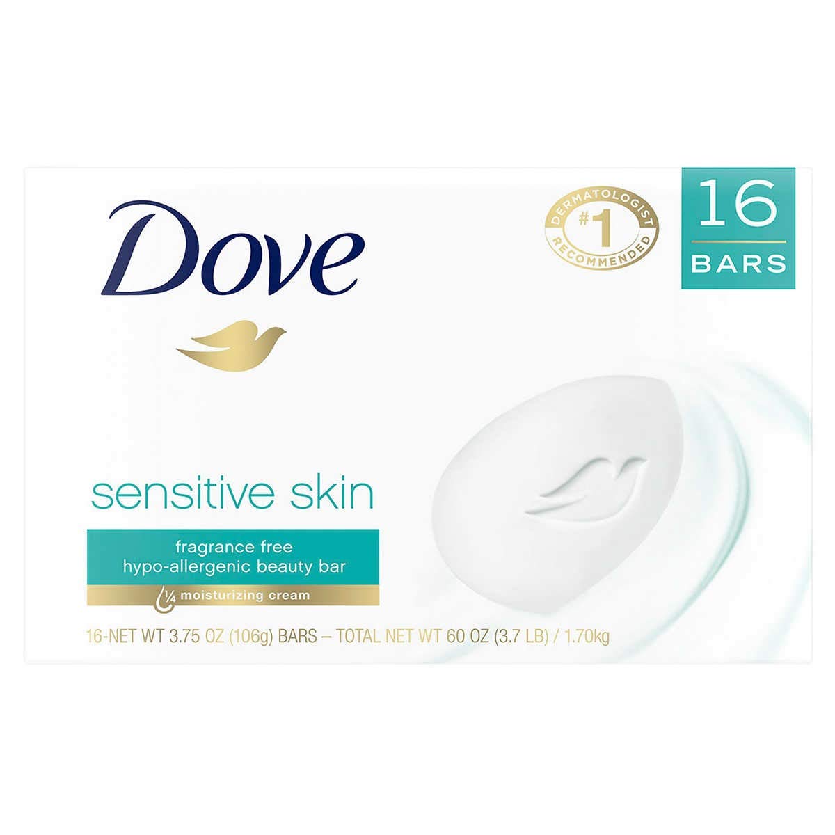 DovePACK OF 16 BARS Unscented Beauty Soap Bar: SENSITIVE SKIN