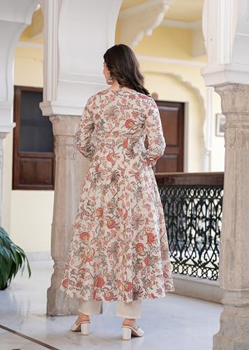 Image of Floral Print Long Anarkali Suit, Full Sleeve V-Neck, Cotton Maxi Length, Beige