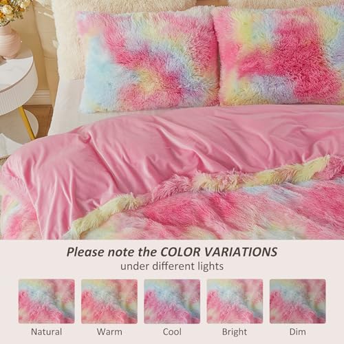 Image of EMME Luxury Fuzzy Duvet Cover Set King Size Fluffy Comforter Cover Set for King Bed 2 Pieces Shaggy and Plush Soft Bedding Duvet Covers (Rainbow Colorful Pink, King)