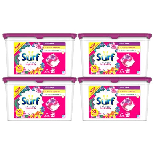 Surf 3-in-1 Tropical Lily Washing Detergent Capsules Brilliant Clean Long Lasting Fragrance and Made with Natural Essential Oil Laundry Detergent XL Pack, 45 Washes (Buy 4)