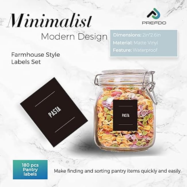 180 Preprinted Pantry Labels, Prefdo Waterproof Minimalist Food Label Stickers Set to Kitchen Organization Storage Containers, Jars & Canisters£¨Black£©