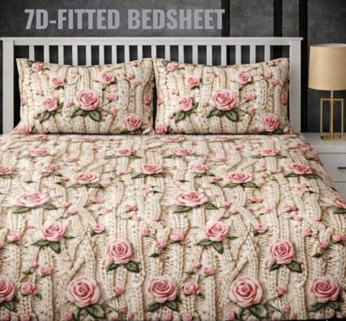 Image of 350 TC Premium Heavy Cotton 7D Print Fast Colour Feel Elastic Fitted Floral Bedsheet Double Size(72 X 72 X 8) with 2 Pillow Covers Size(17 x 27) Double Bed (Double 72x72) (Multicolor-2)