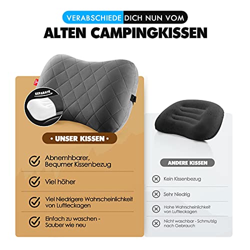 HIKENTURE Aufblasbares Camping/Reise Kissen mit Abziehbarem Kissenbezug, Ergonomisches Kopfkissen, Komfortables Nackenkissen für Reise/Outdoor, Inflatable Travel Neck Pillow(Grau)