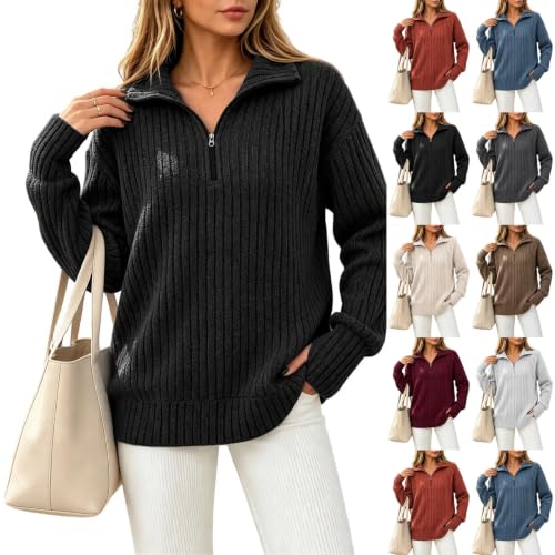 Women's Dressy Casual Ribbed Sweaters Shirts Long Sleeve Half Zip Fall Tops - image 1