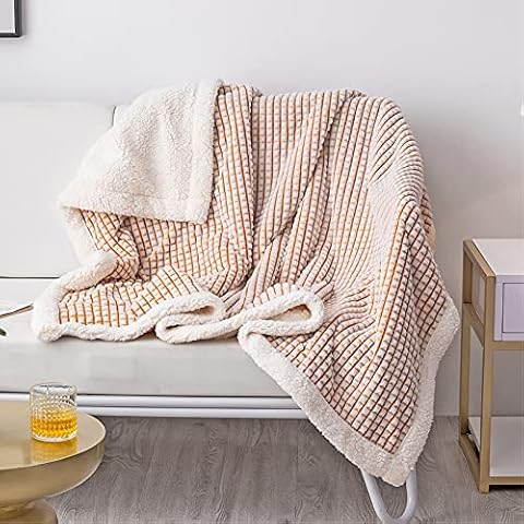 LOMAO Sherpa Blanket Throw Blanket Soft Warm Fleece Blanket Thick Blanket with Grid Pattern for Couch Sofa Bed Chair Home Decor (Mustard Yellow, 51"x63") Cover