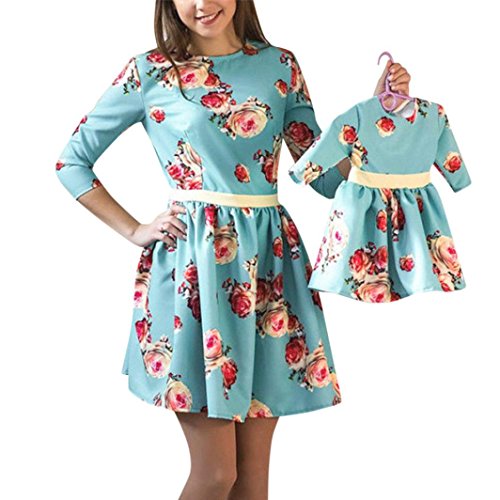 Kehen Family Matching Clothes Mom & Me Summer Dress Long Sleeve Slim Splice Flower Dresses Holiday Swing Sundress (Girl,3T)