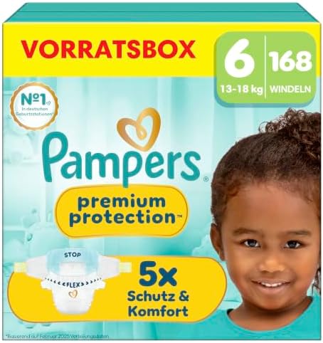 Pampers Premium Protection Größe 6, 168 Windeln, 13kg-18kg | unser Nr. 1 Haut- und Auslaufschutz
