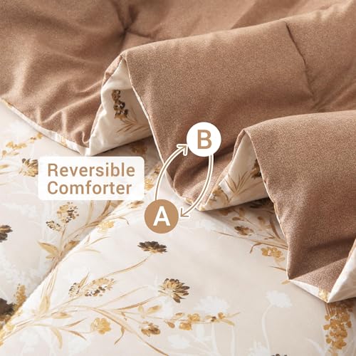 Image of Floral Queen Comforter Set with Sheets, 7 Piece Luxury Vintage Bedding, Soft Microfiber Bed in a Bag, Cozy Lightweight Bed Set, Beige Flower Botanical