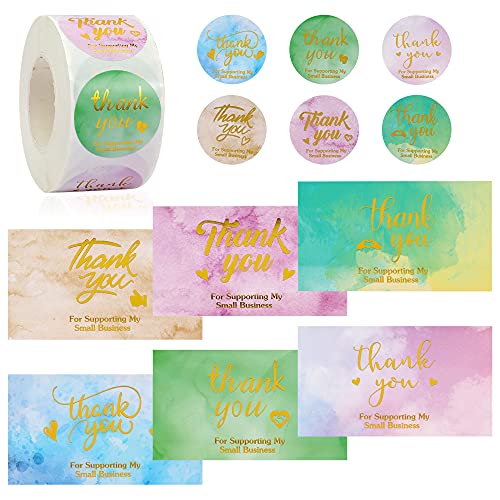 720 Pcs Thank You for Supporting My Small Business Stickers Cards Set, 600 Pcs Thank You Watercolor Stickers and 120 Pcs Gold Foil Letters Thank You Cards for Grocery Bag Small Business Packaging