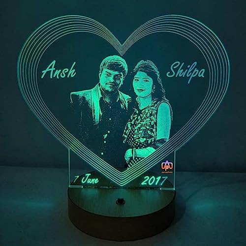 Image of Apna Photo Heart Shape 3D Illusion Led Lamp 16 Color Changing Customized and Personalized Photo Frame with Any Photo and Name (Multicolour, 20X18 Cm, Acrylic, Pack of 1)