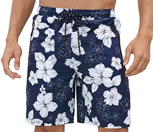 Ferriweel Mens Swim Trunks No Mesh Lining Quick Dry Printed Beach Shorts with Pockets Zip Blue Print A Large