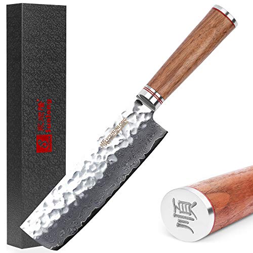 YOUSUNLONG Nakiri 6.5 inch Usuba Knives Japanese Hammered Damascus Steel Blade Natural Walnut Handle