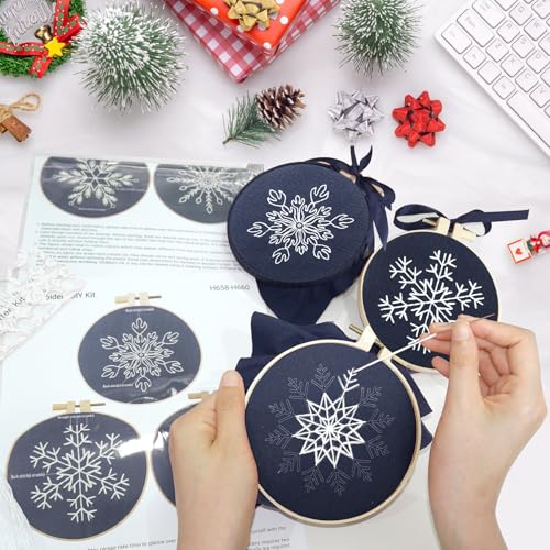 Image of 6 Sets Christmas Embroidery kit for Beginners Adults, Blue Christmas Ornament Kit Snowflakes Needlepoint Cross Stitch Kits, Stitch Learning Kit with Needles Ropes Ribbon for Xmas Hanukkah Decorations