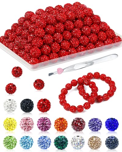 120PCS FIVEIZERO Rhinestone Beads for Jewelry Making 10mm Red Shiny Round Sparkle Crystal Clay Bead Bulk Sparkly Baseball Necklace Beads for Bracelets and DIY Crafts