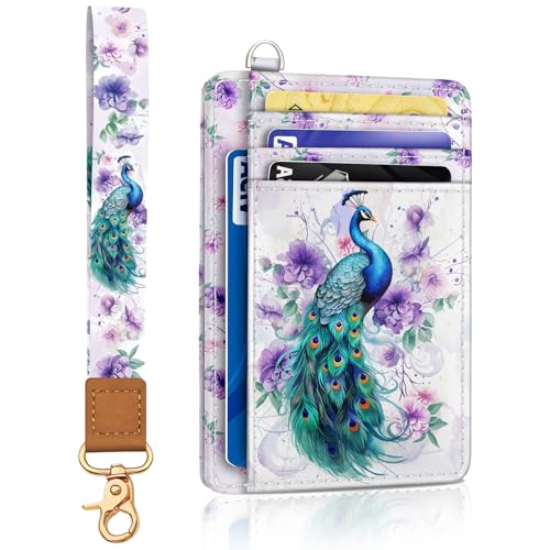 Image of Yonlevres Peacock Credit Card Holder Slim RFID Wallet Women Wristlet Small | Front Pocket, Handy, RFID Blocking, Woman Girls Ladies Gifts, D-ring for Keychain,Thin Mini Card Case, ID Window, PU Leather