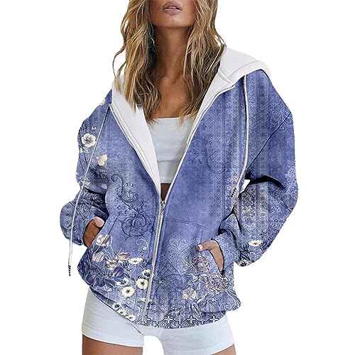 Sudaderas para mujer con cremallera frontal, sudadera con capucha con cremallera para mujer, estampado holgado, sudadera con capucha vintage con estampado de flores, chaquetas con capucha, chaquetas