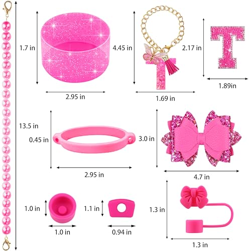 Hpebl 9PCS Hot Pink for Stanley Cup Accessories Set Bling Initials Bow Charms for Stanley Decorations 30/40 Oz Tumbler Accessories Including Bow Straw Topper, Handle Strap, Spill Stopper（Letter T） - image 3