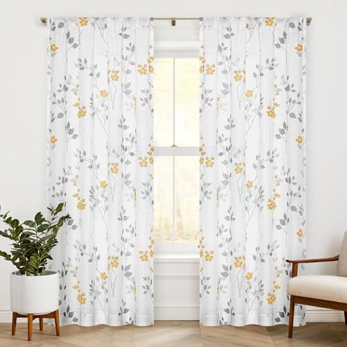 Image of Beauoop Floral Linen Semi Sheer Curtains Living Room Yellow Grey 50x84x2