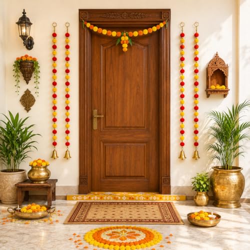 Image of Bindian Pom Pom Beads & Golden Bell Hanging Pack of 10 for Home Decor, Door Hanging Decorative Items, Wall Hanging Decoration for Living Room, Pooja Room Decoration Items, Diwali Decor